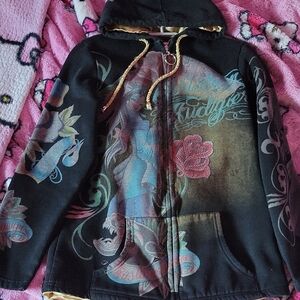 Ed Hardy Black Hoodie with Artistic Floral Graphics